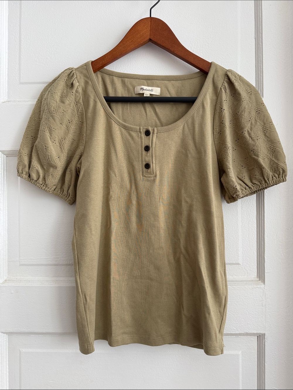 Madewell Olive Puff-Sleeve Henley Top with Eyelet Sleeves